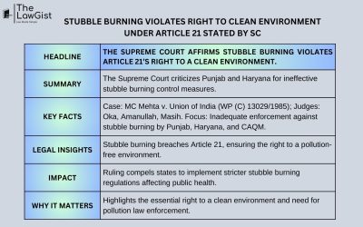 STUBBLE BURNING VIOLATES RIGHT TO CLEAN ENVIRONMENT UNDER ARTICLE 21 STATED BY SC