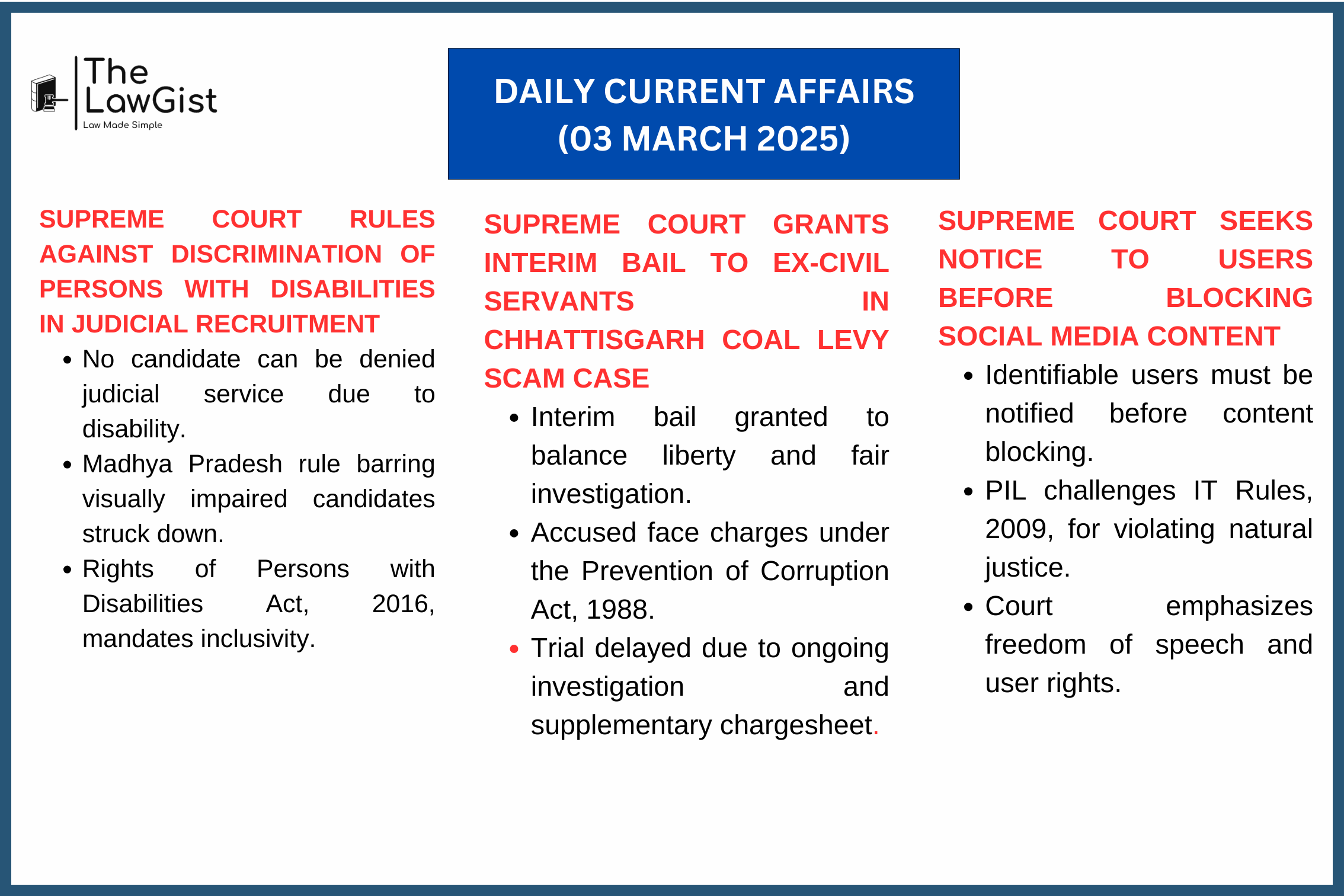 Supreme Court rulings on disability rights, coal scam bail, and social media content blocking.