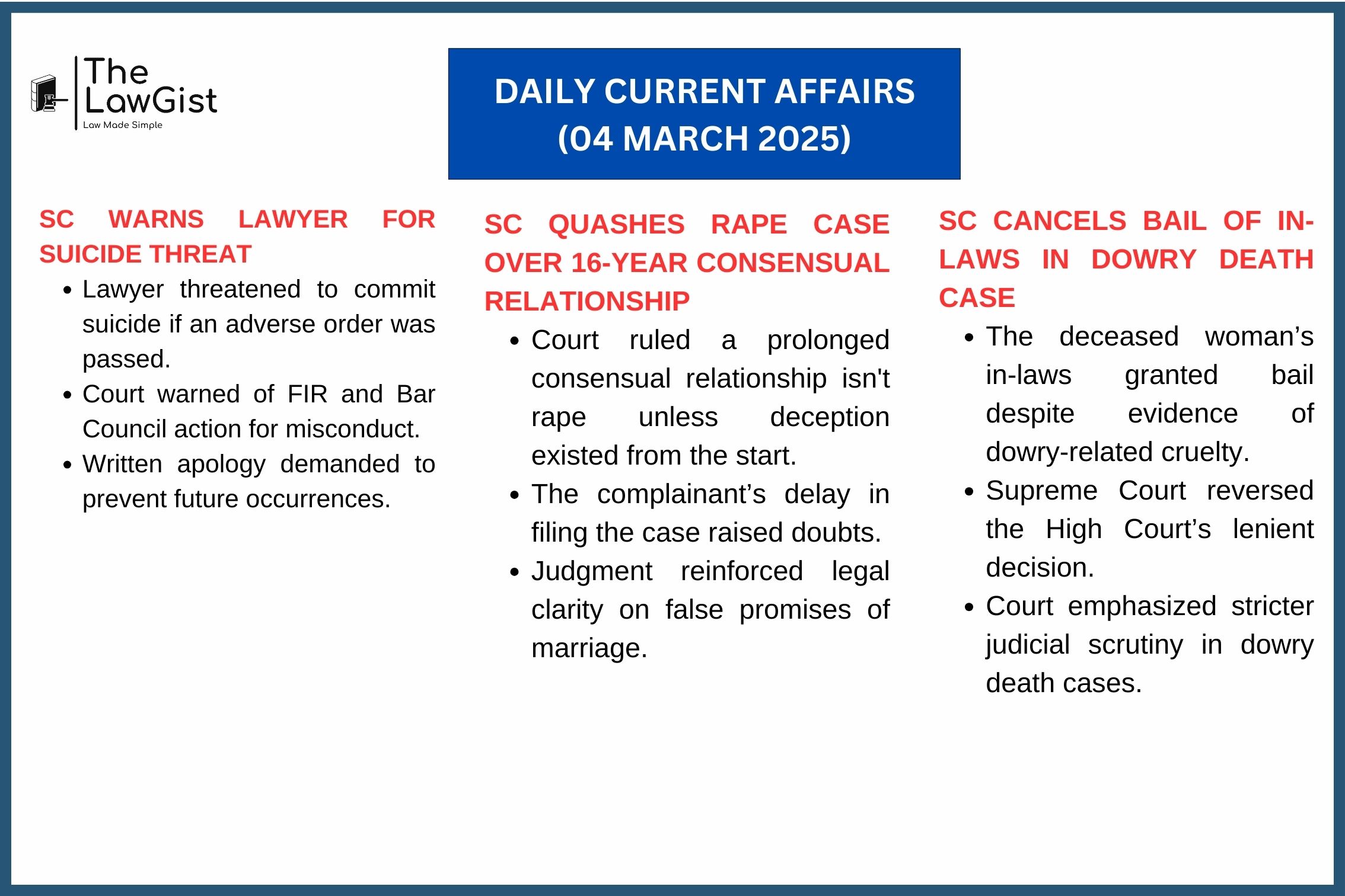 Supreme Court takes strict action: Lawyer warned for suicide threat, 16-year consensual rape case quashed, and in-laws’ bail revoked in a dowry death case.