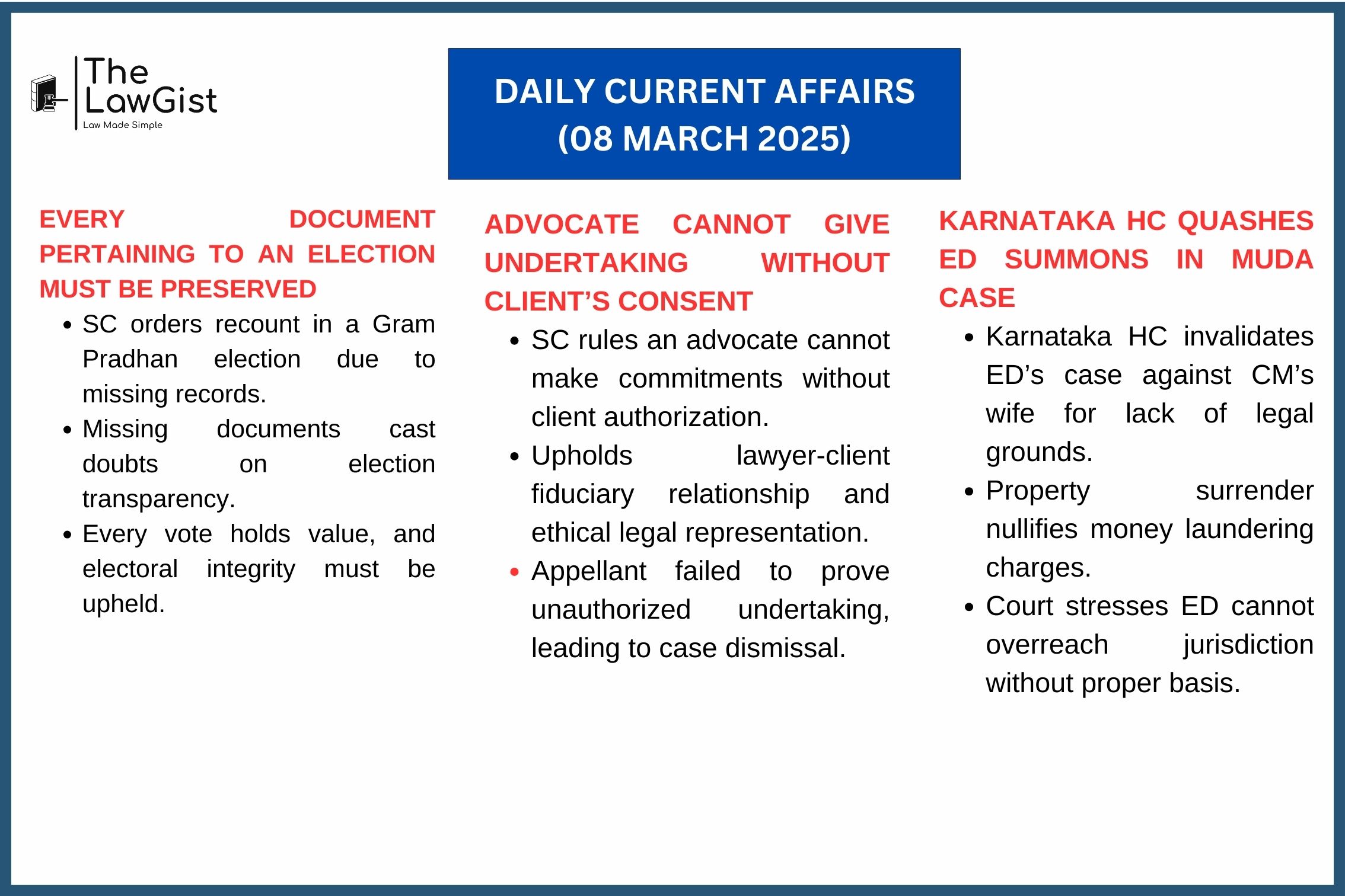 Supreme Court and Karnataka HC rulings on election integrity, legal ethics, and PMLA case.