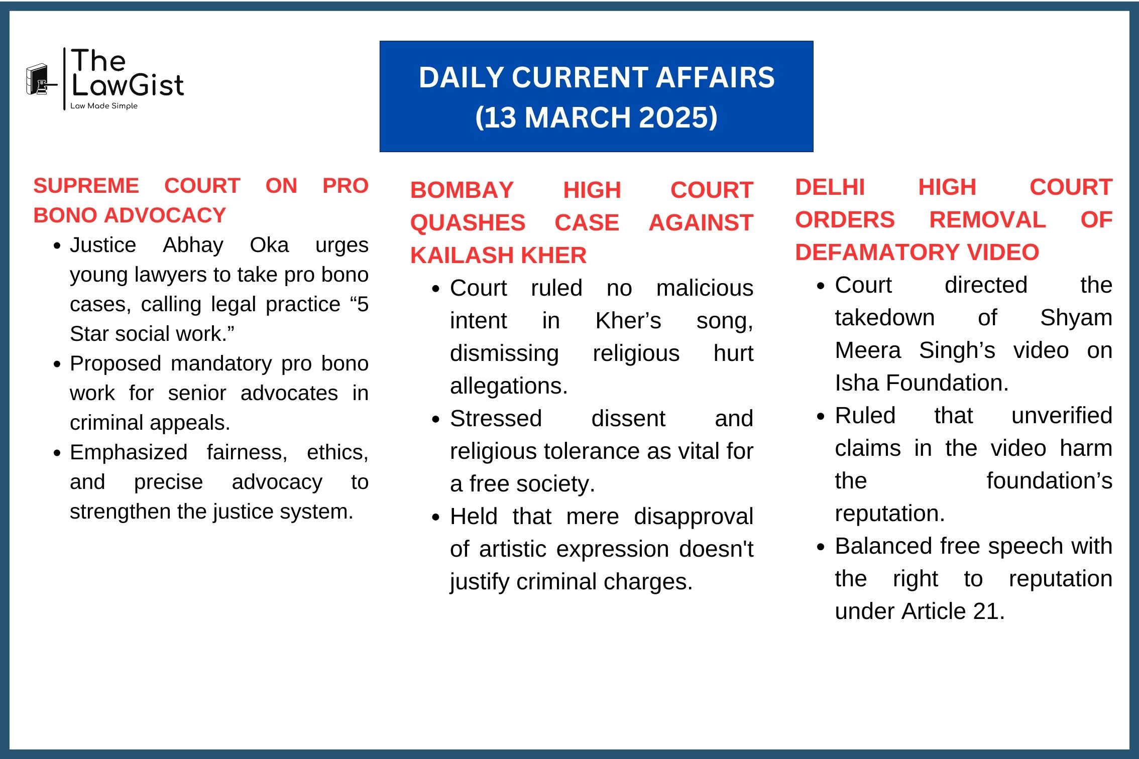 Legal rulings on pro bono advocacy, religious sentiments, and defamation highlight constitutional rights.
