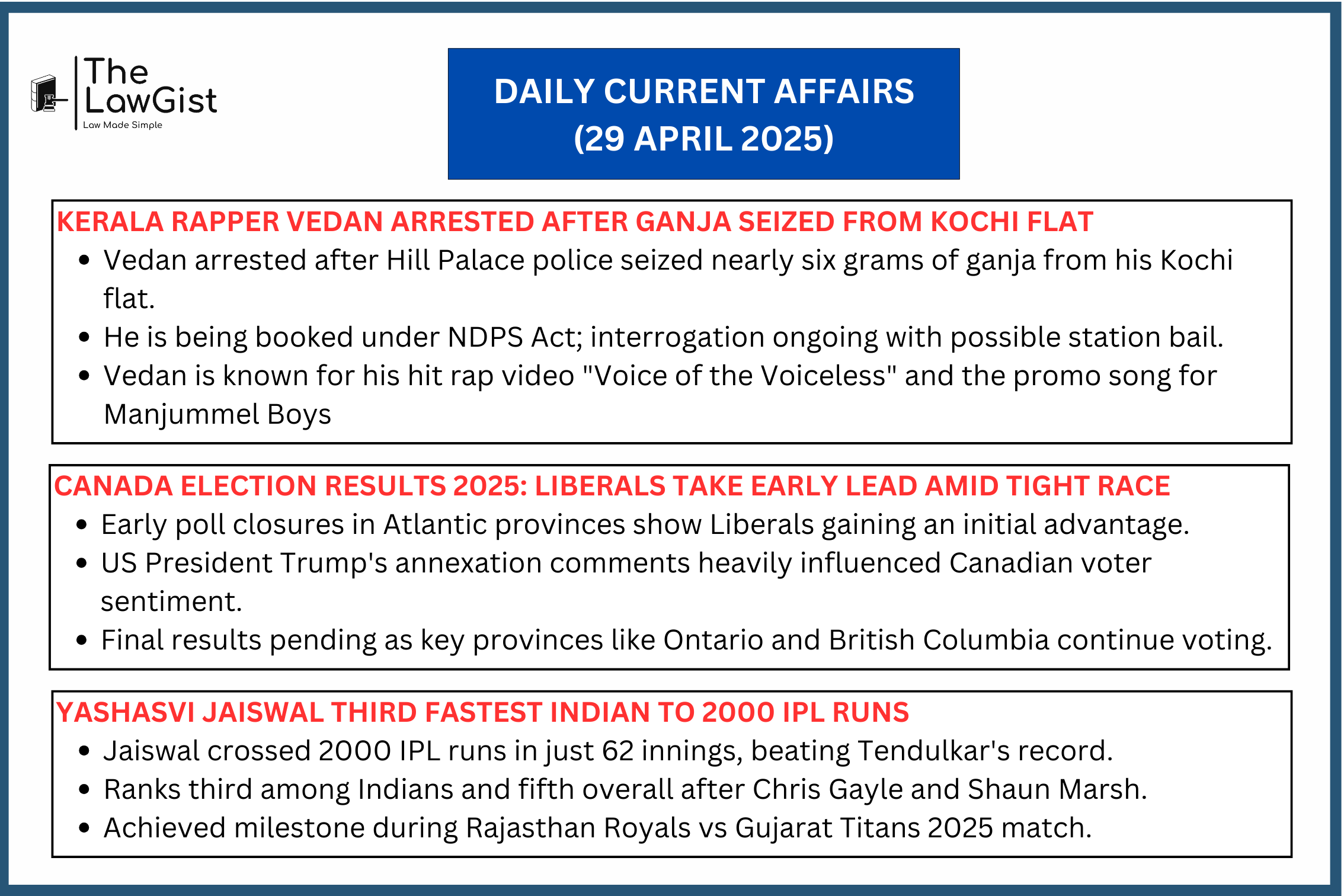India shows naval might post-Pahalgam; FIRs on Neha, Vedan; Canada elections heat up; Jaiswal crosses 2000 IPL runs.