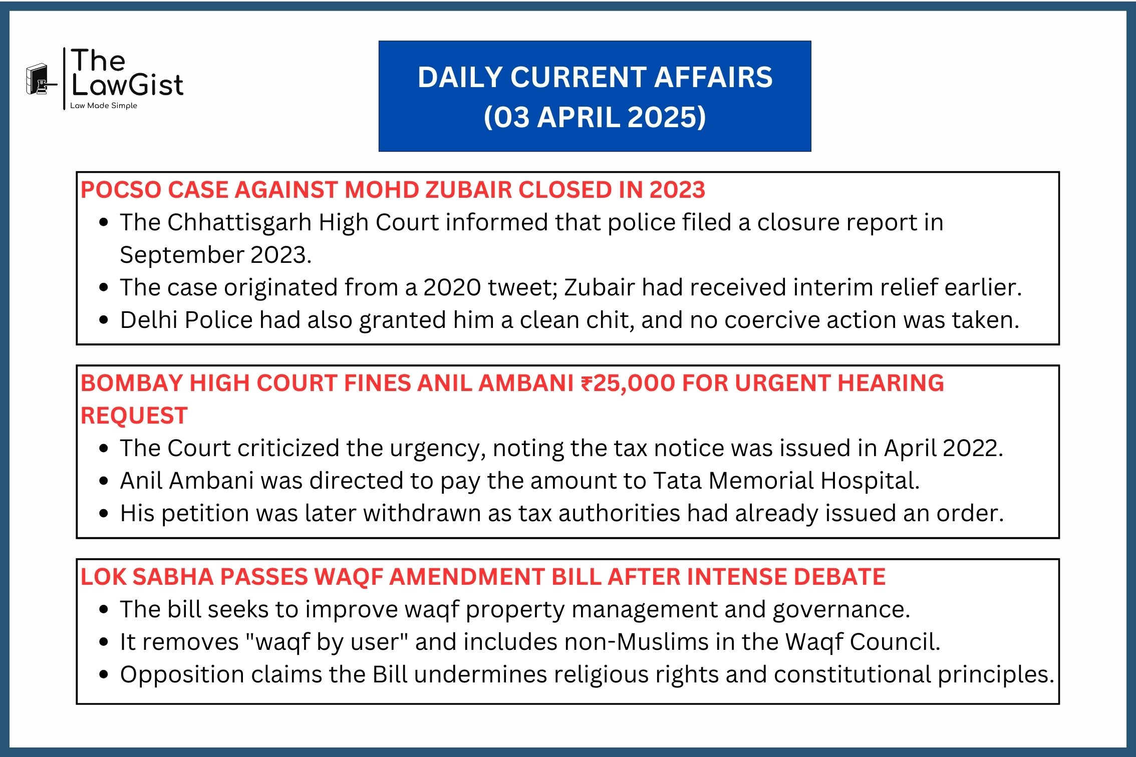Mohd Zubair POCSO case closed, Anil Ambani fined, Waqf Bill passed.