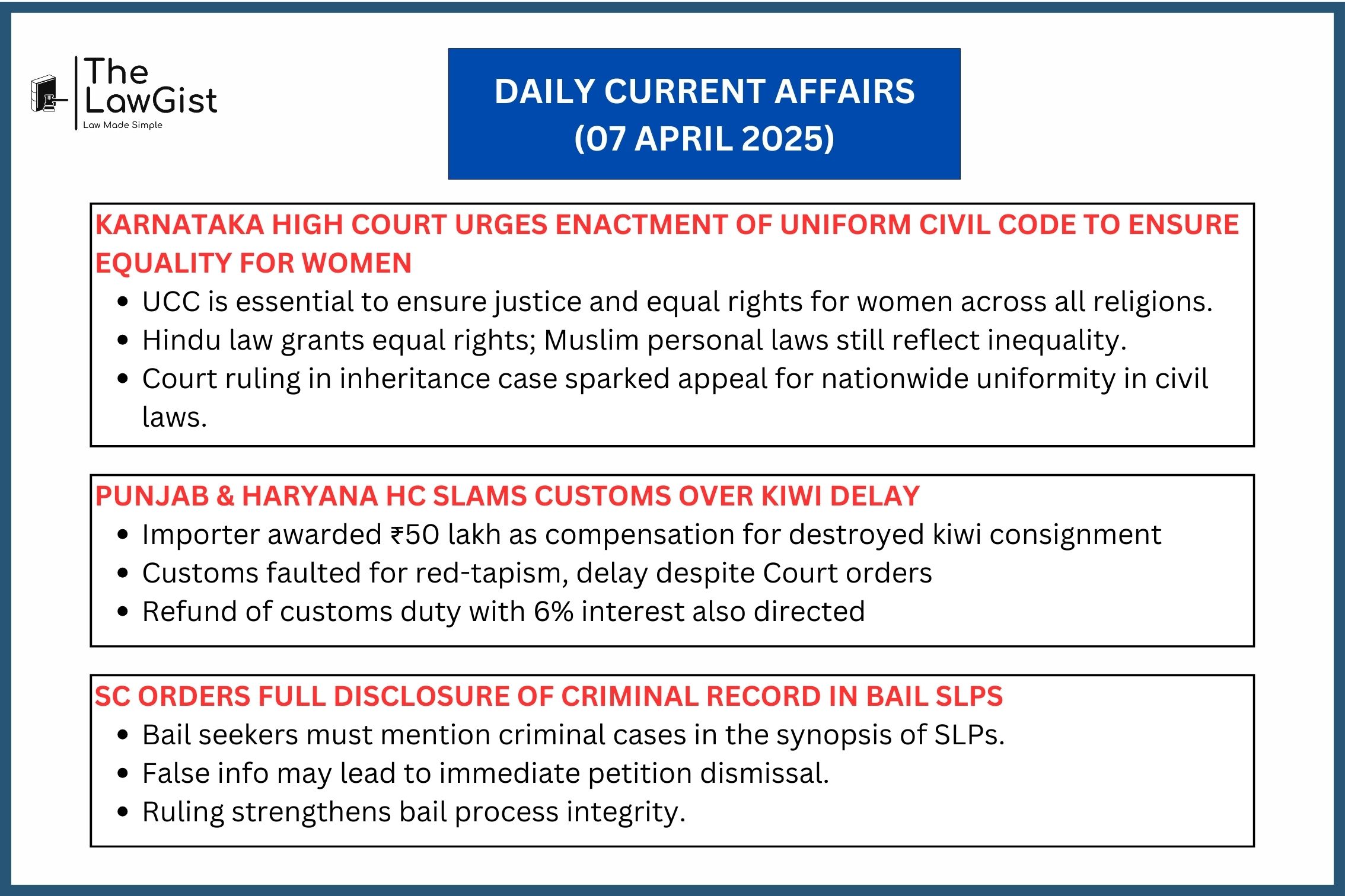 Karnataka HC UCC call, Punjab & Haryana HC kiwi import case, SC on bail disclosures