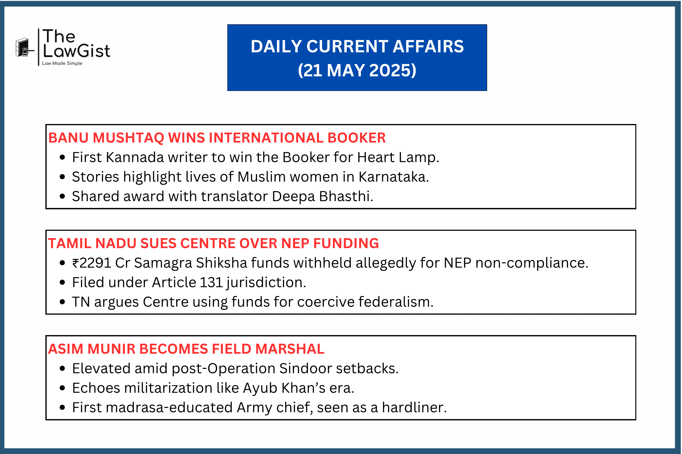 Booker win, TN-Centre NEP funding row, and Asim Munir’s Field Marshal promotion dominate South Asian news on May 21, 2025.