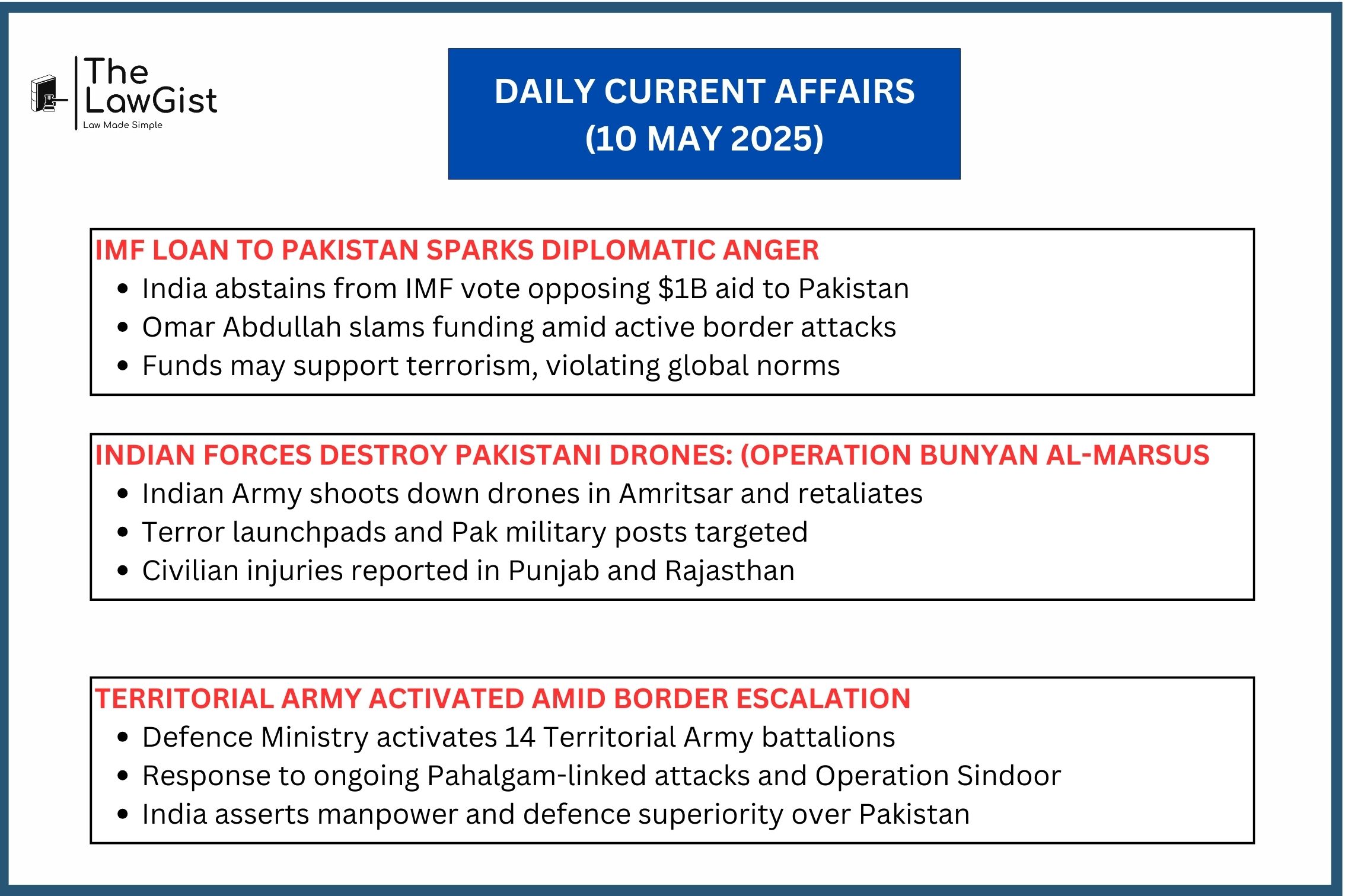 Indian Army destroys Pak drones, India protests IMF loan, activates Territorial Army.