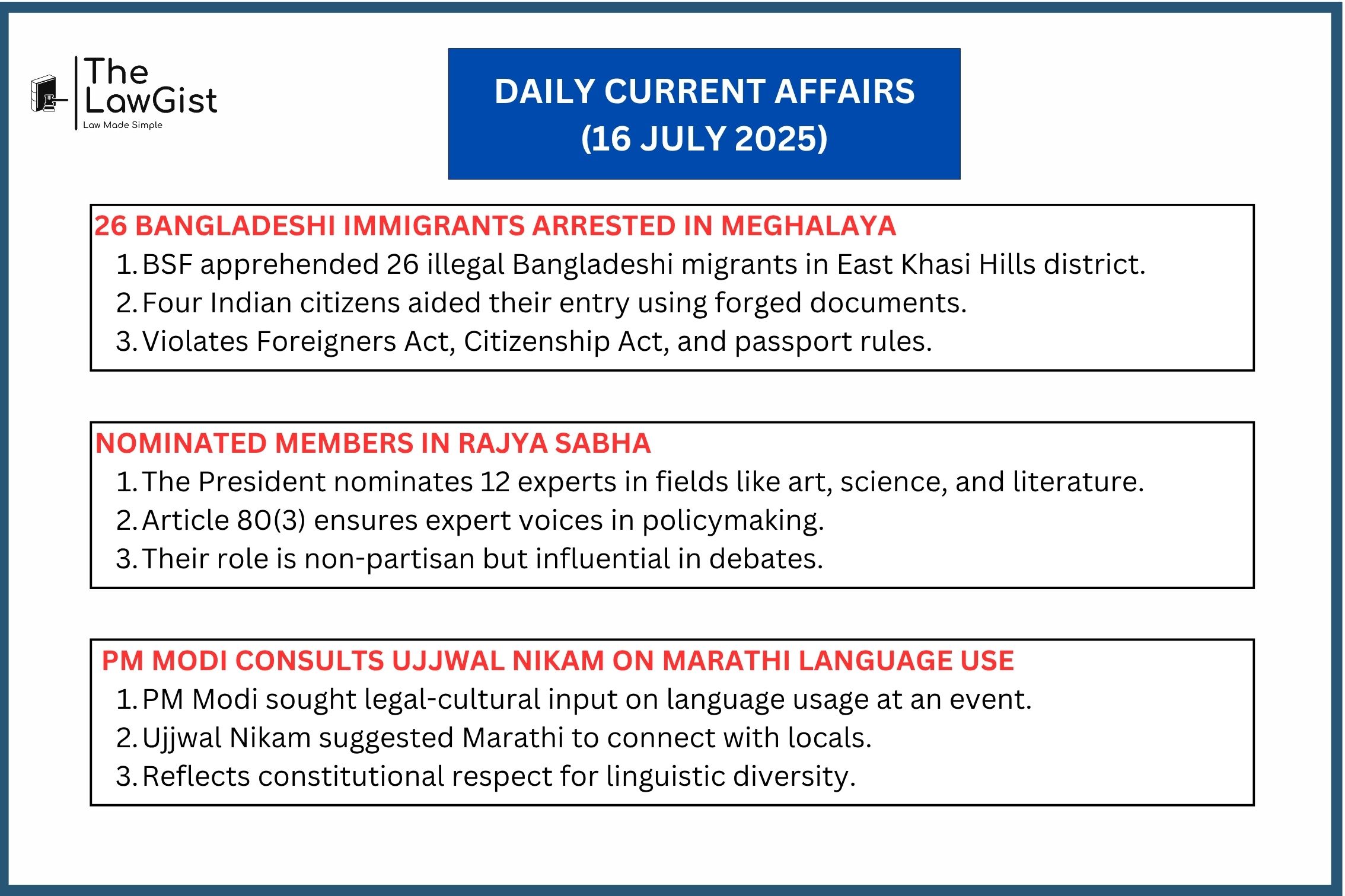 Legal highlights: illegal immigrants arrested, Rajya Sabha nominations, PM Modi consults on language choice.