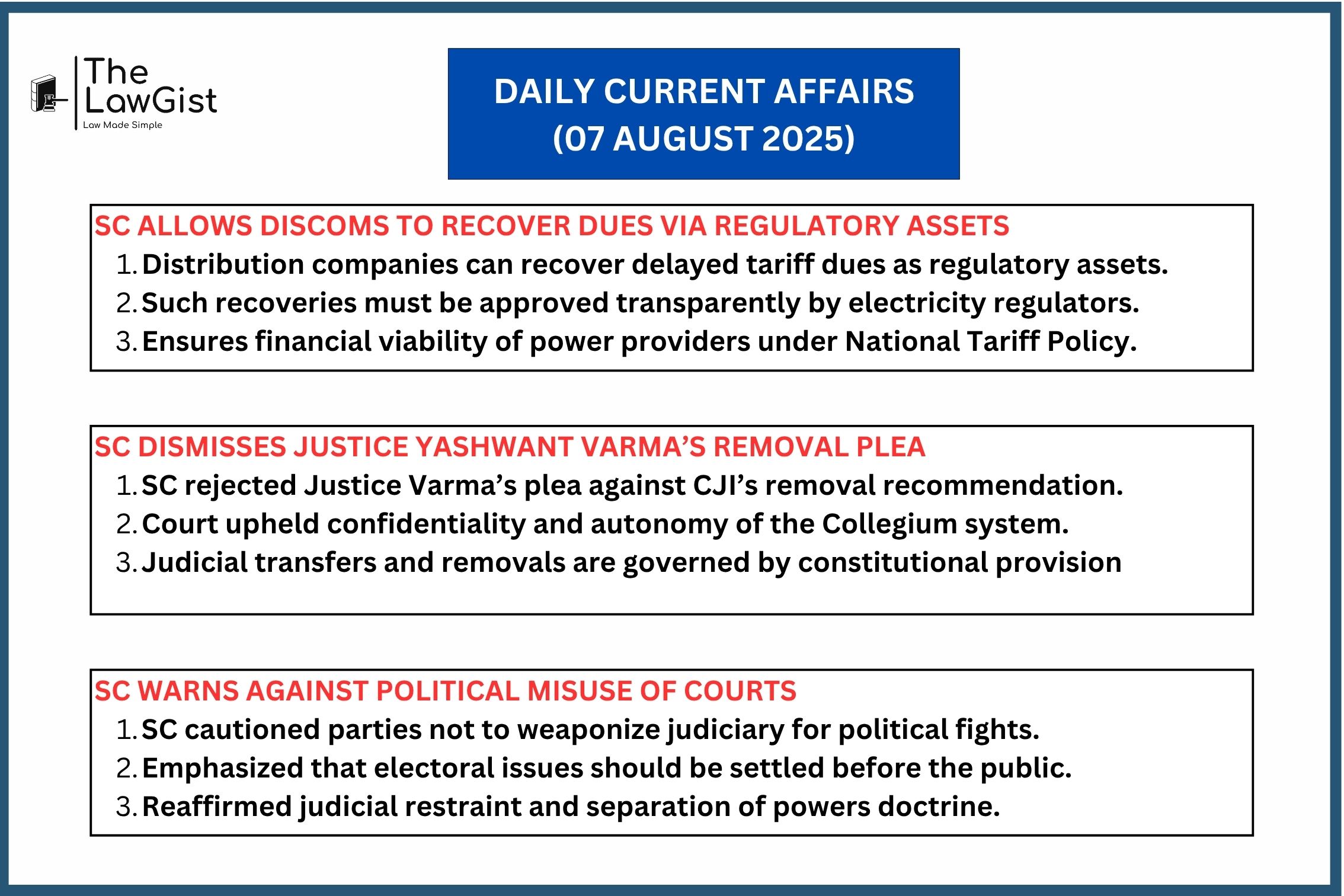 SC rulings on discom dues, judge removal plea, and political misuse of courts.