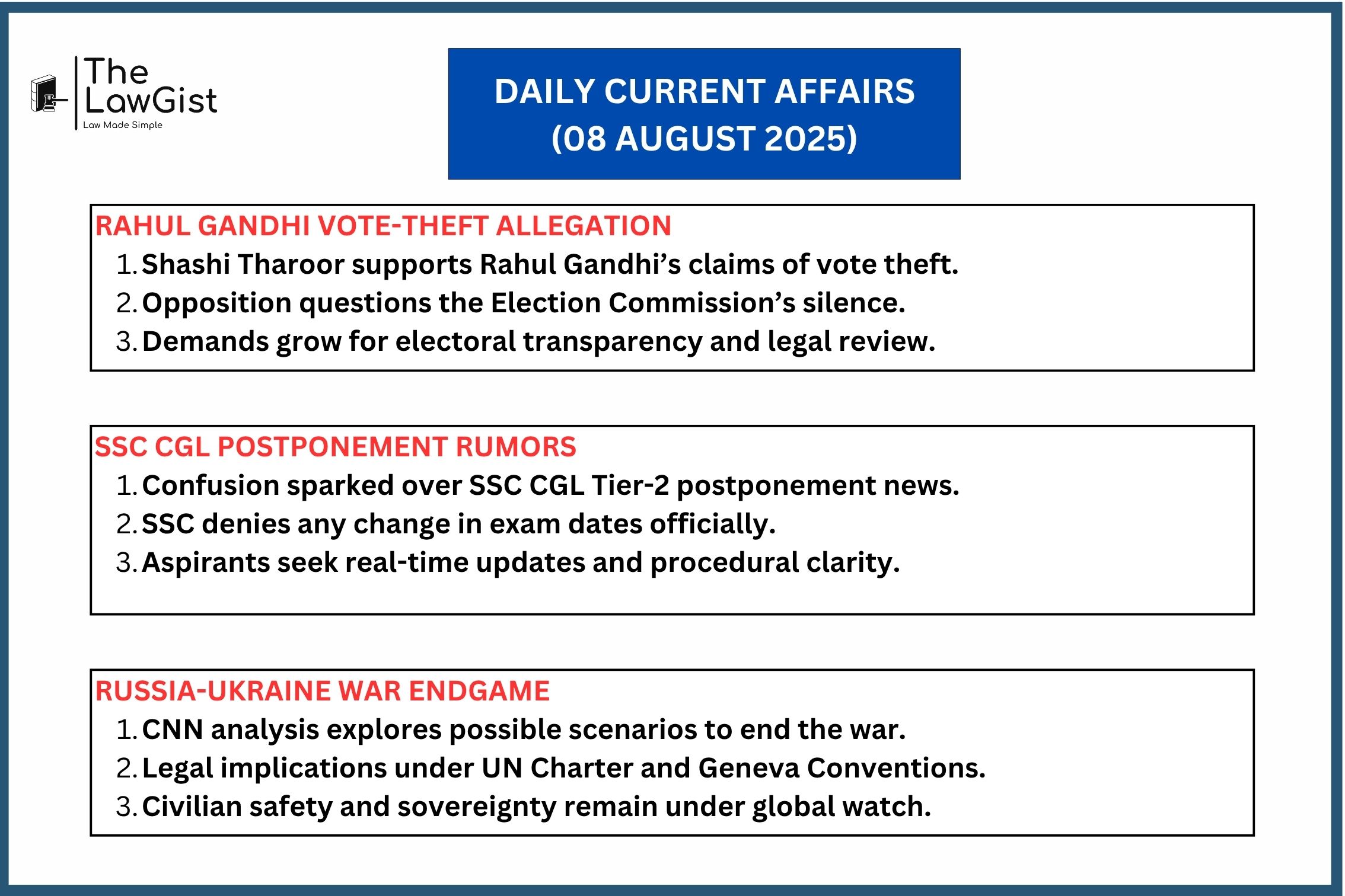 Rahul Gandhi vote theft row, SSC CGL postponement confusion, and Russia-Ukraine war endgame.