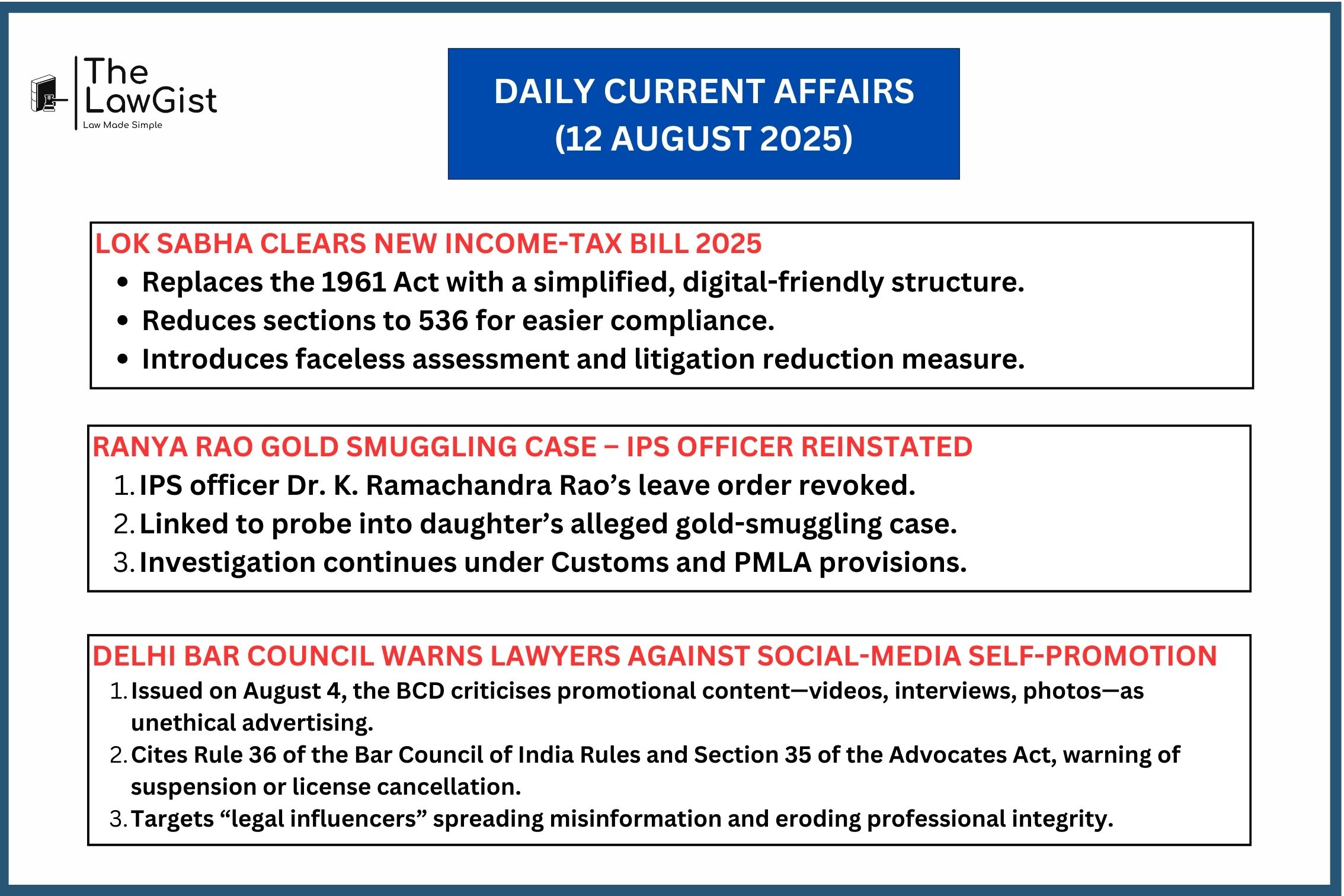 Updates on Income-Tax Bill, IPS officer reinstatement, and Delhi Bar social media ethics warning.