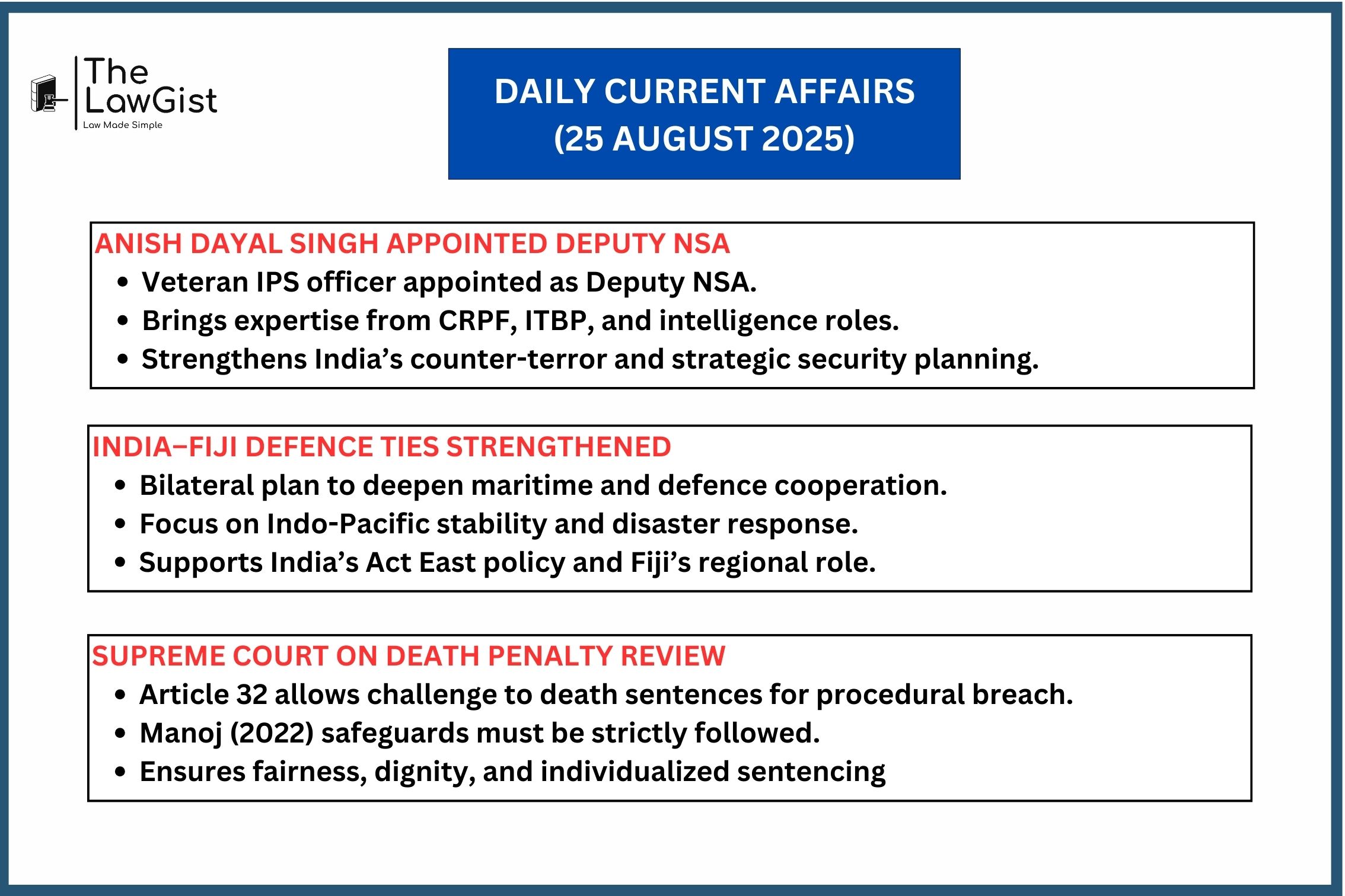 Deputy NSA appointment, India-Fiji defence pact, Supreme Court death penalty review under Article 32 safeguards.