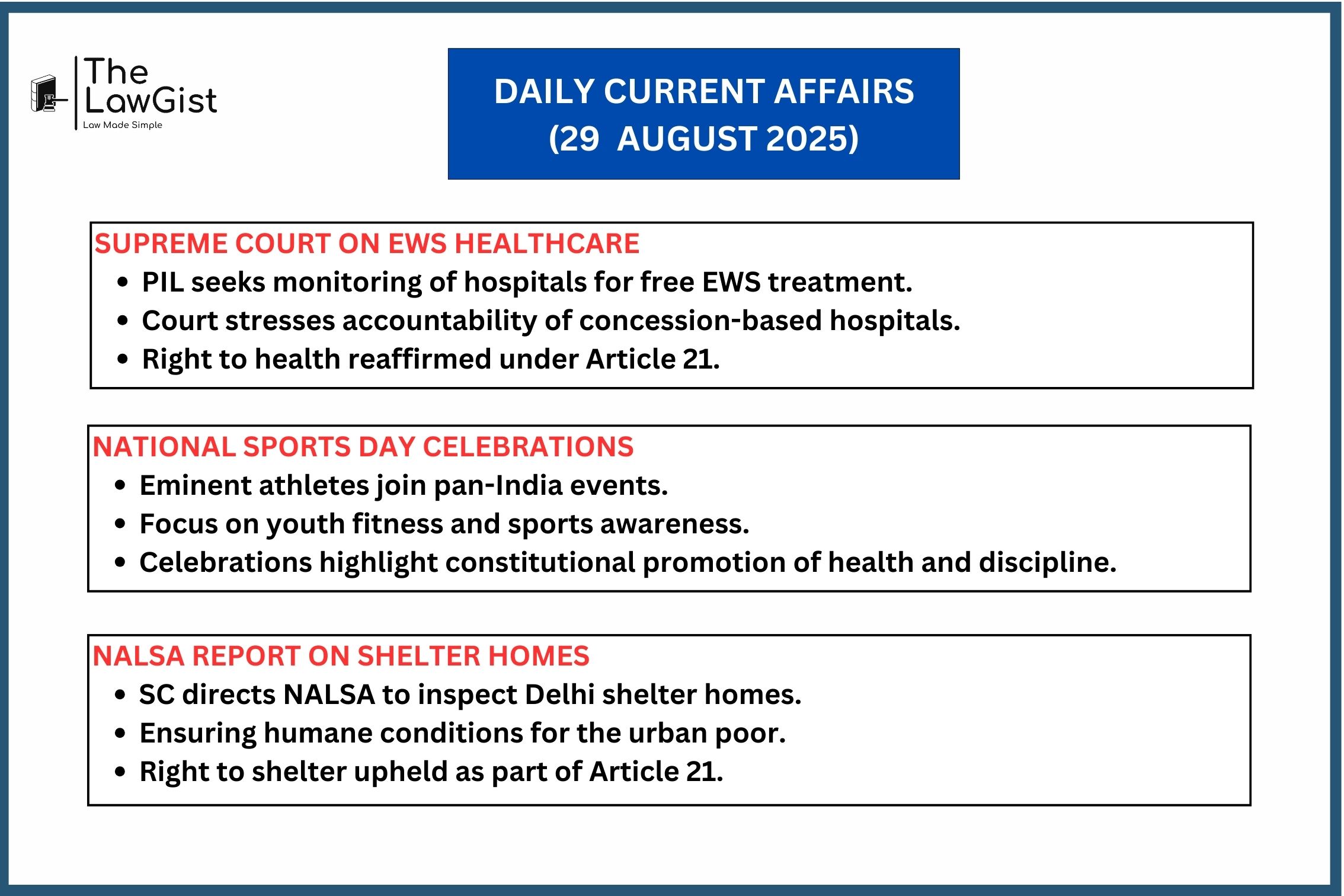Supreme Court actions on EWS healthcare, shelter homes review, and National Sports Day celebrations across India with athletes.