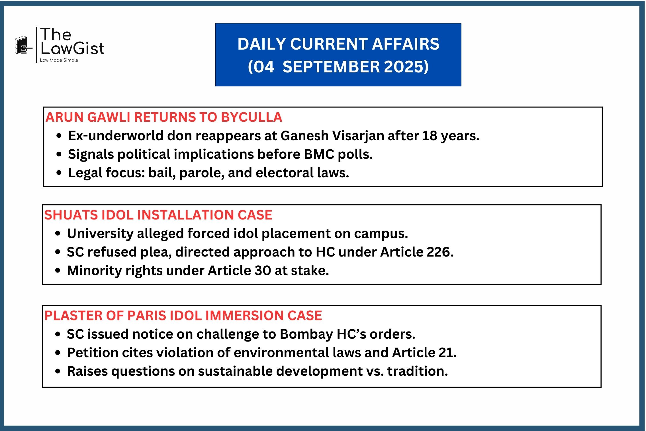 Supreme Court updates on Arun Gawli’s return, SHUATS plea, and PoP idol immersion case.