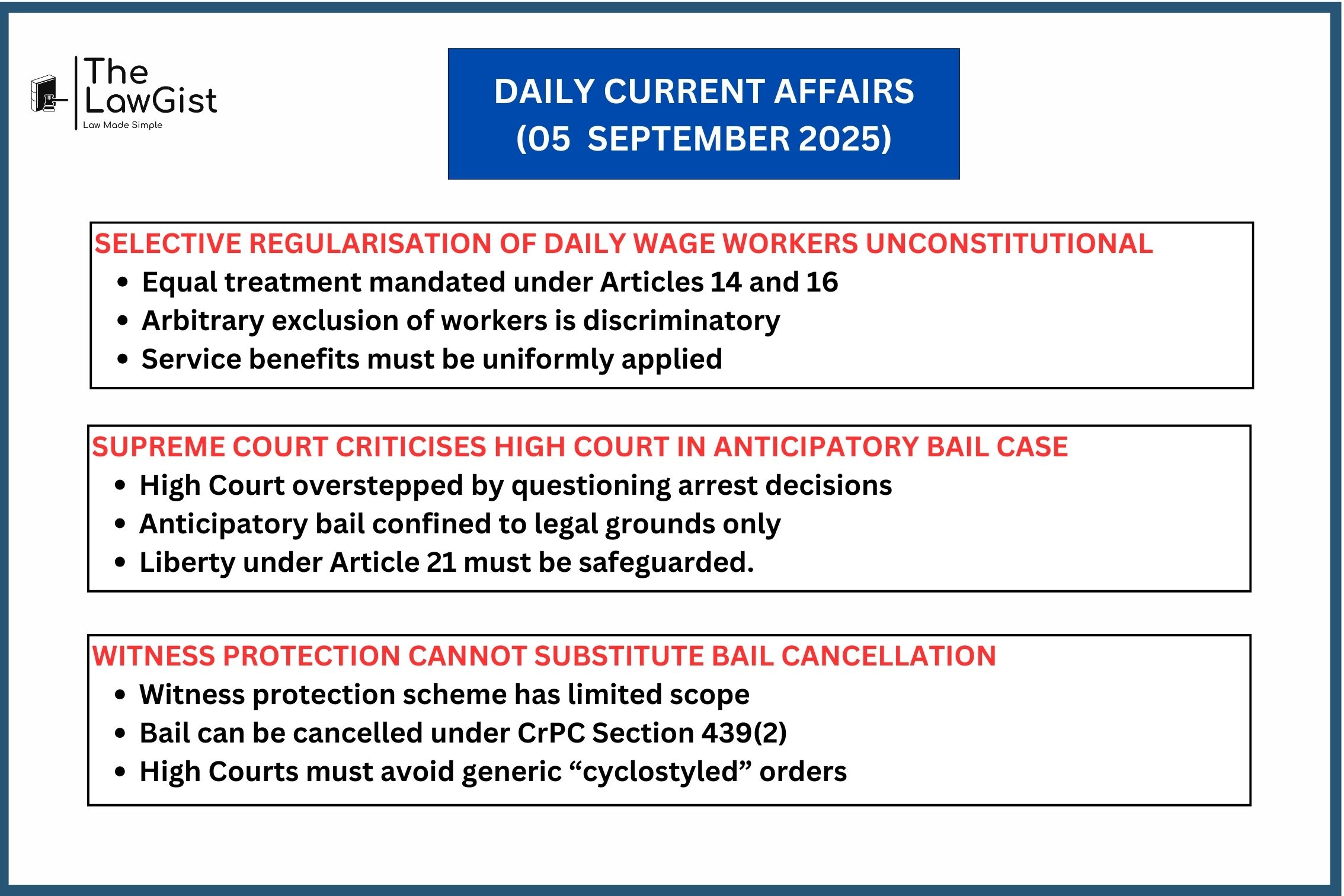 Supreme Court rulings on daily wagers’ rights, anticipatory bail limits, and bail cancellation with witness protection.