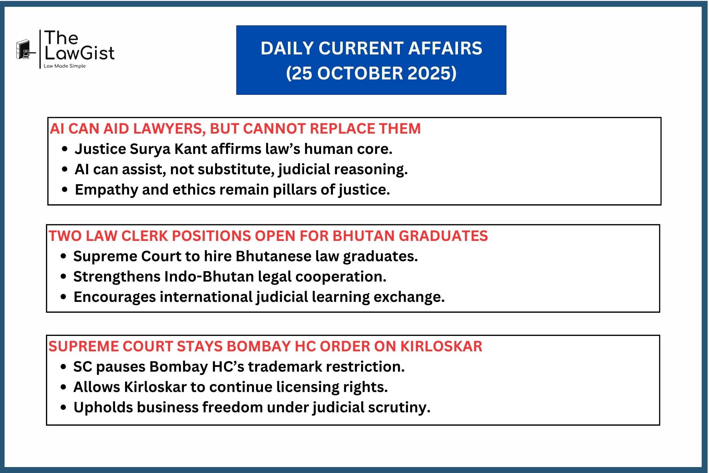 Supreme Court rulings on AI in law, Bhutan clerkships, and Kirloskar trademark dispute.