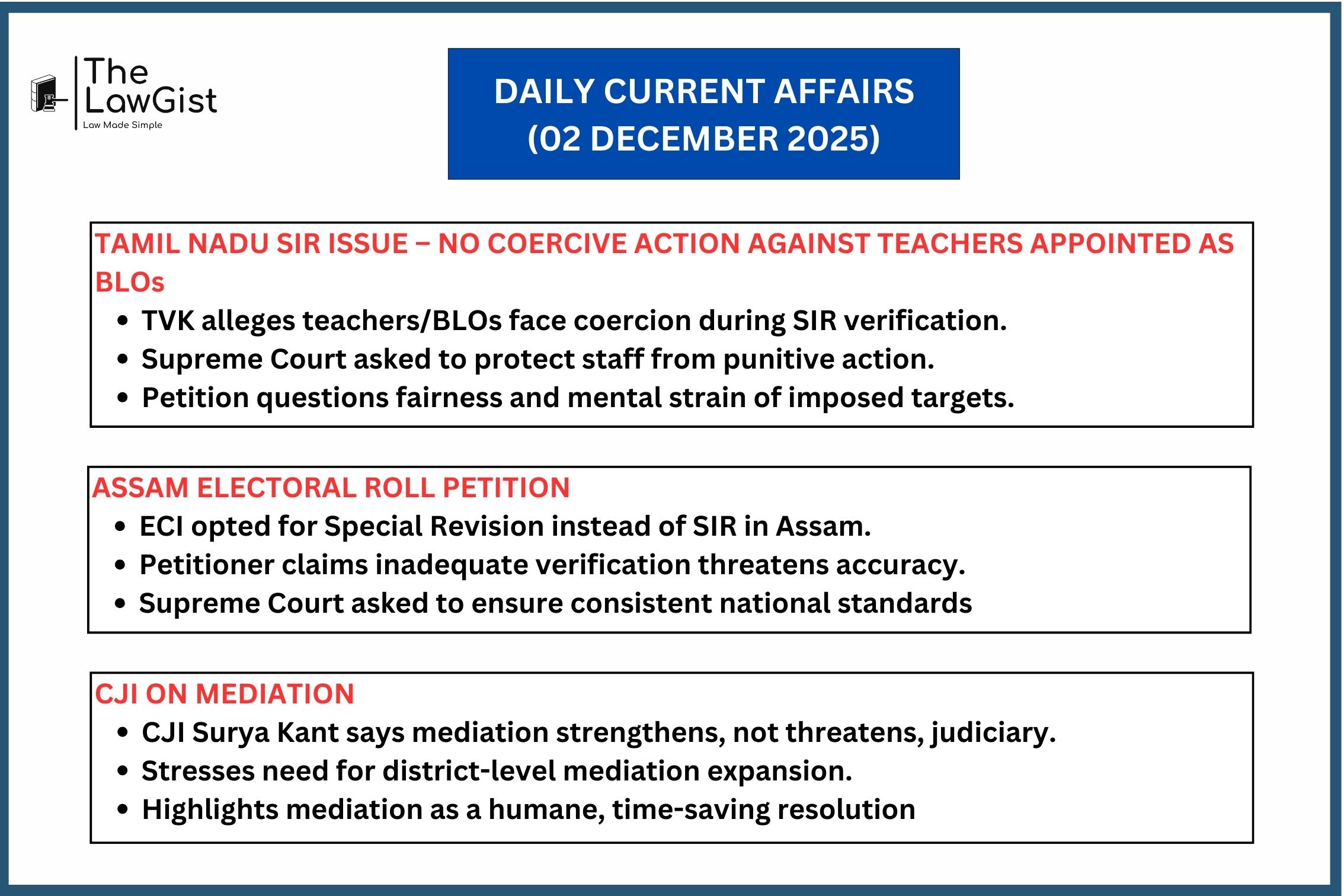 Supreme Court updates on Tamil Nadu SIR issue, Assam electoral roll case, and CJI’s remarks on promoting mediation.