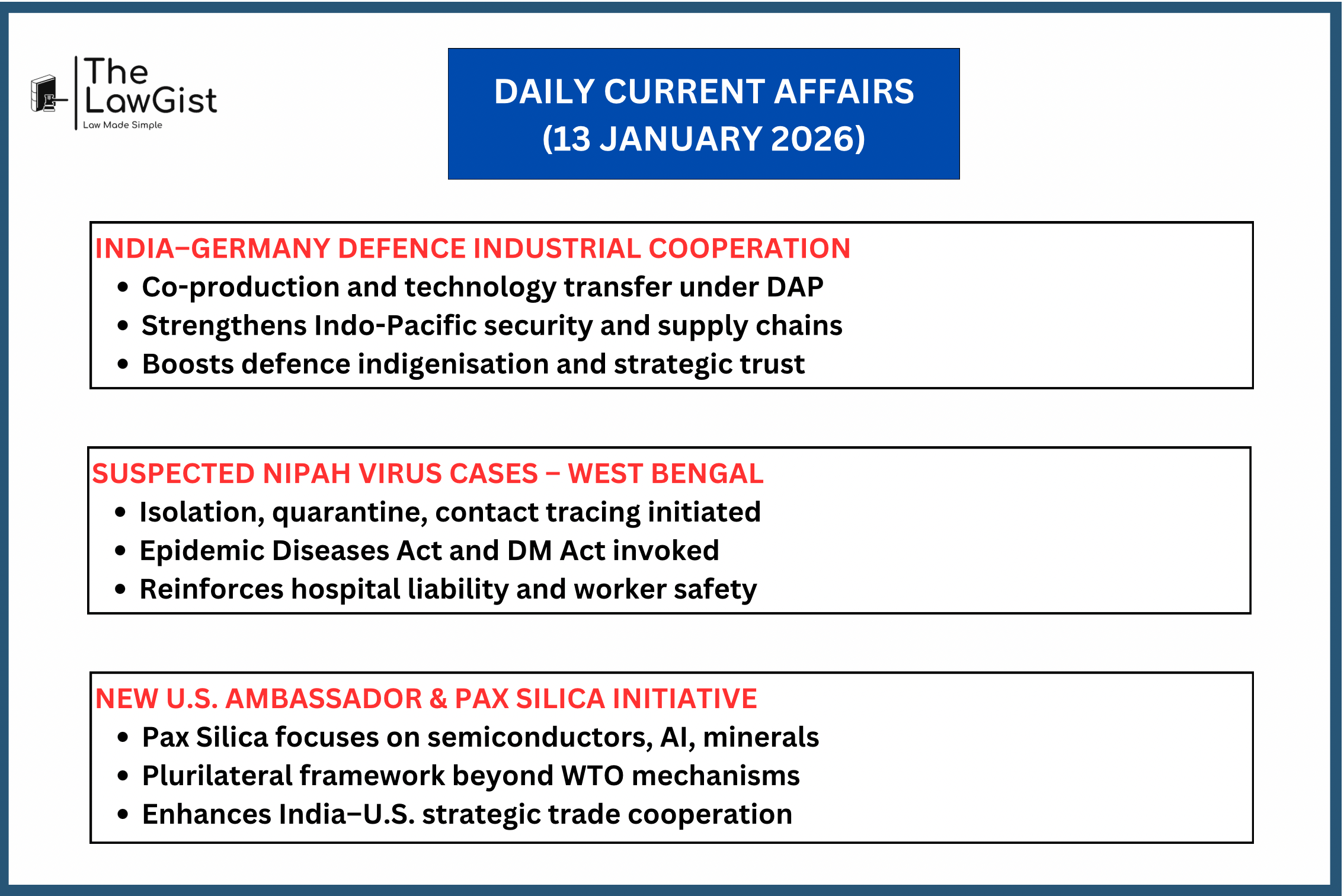 Legal and strategic developments in defence cooperation, public health emergency response, and international diplomacy involving India