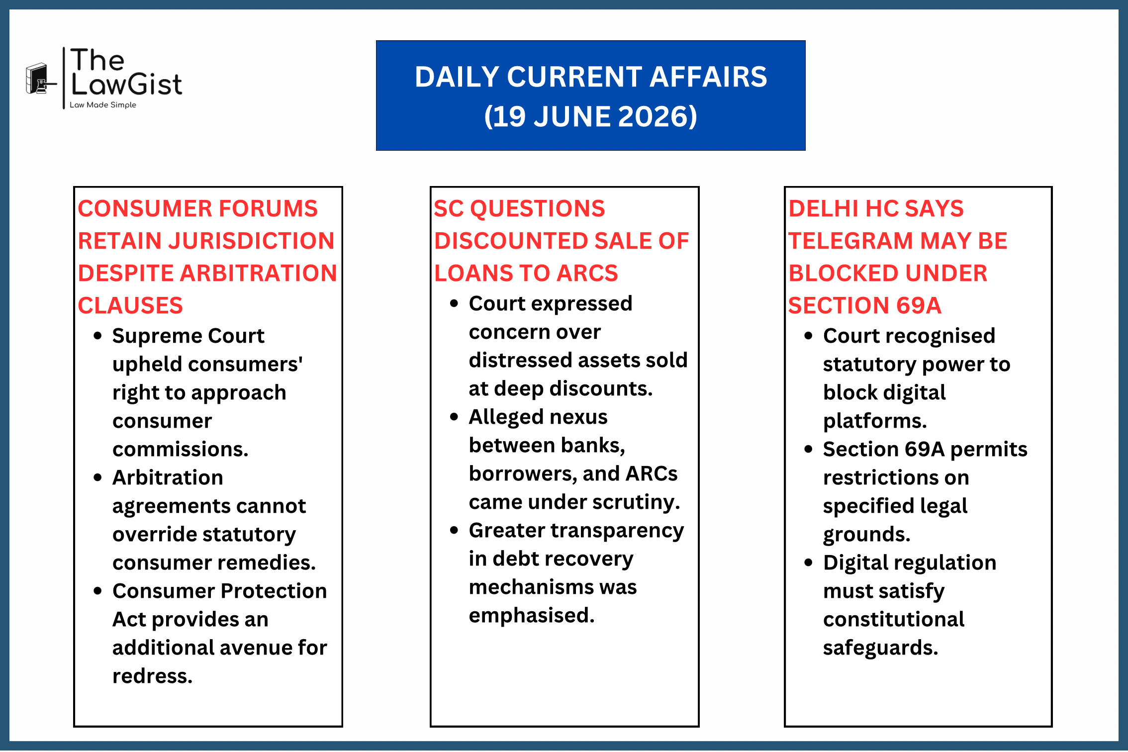 Court rulings on consumer forums, ARC loan sales, and Telegram blocking under Section 69A.