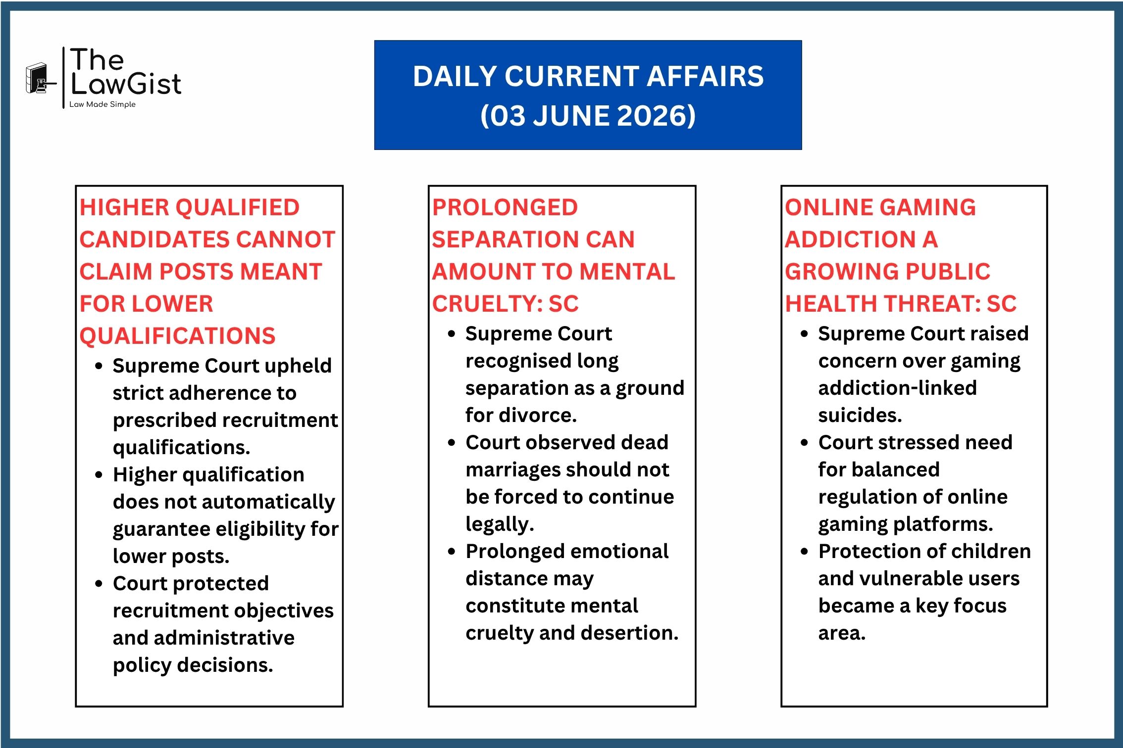 Supreme Court addresses recruitment eligibility, prolonged marital separation, and rising concerns over online gaming addiction and suicides.