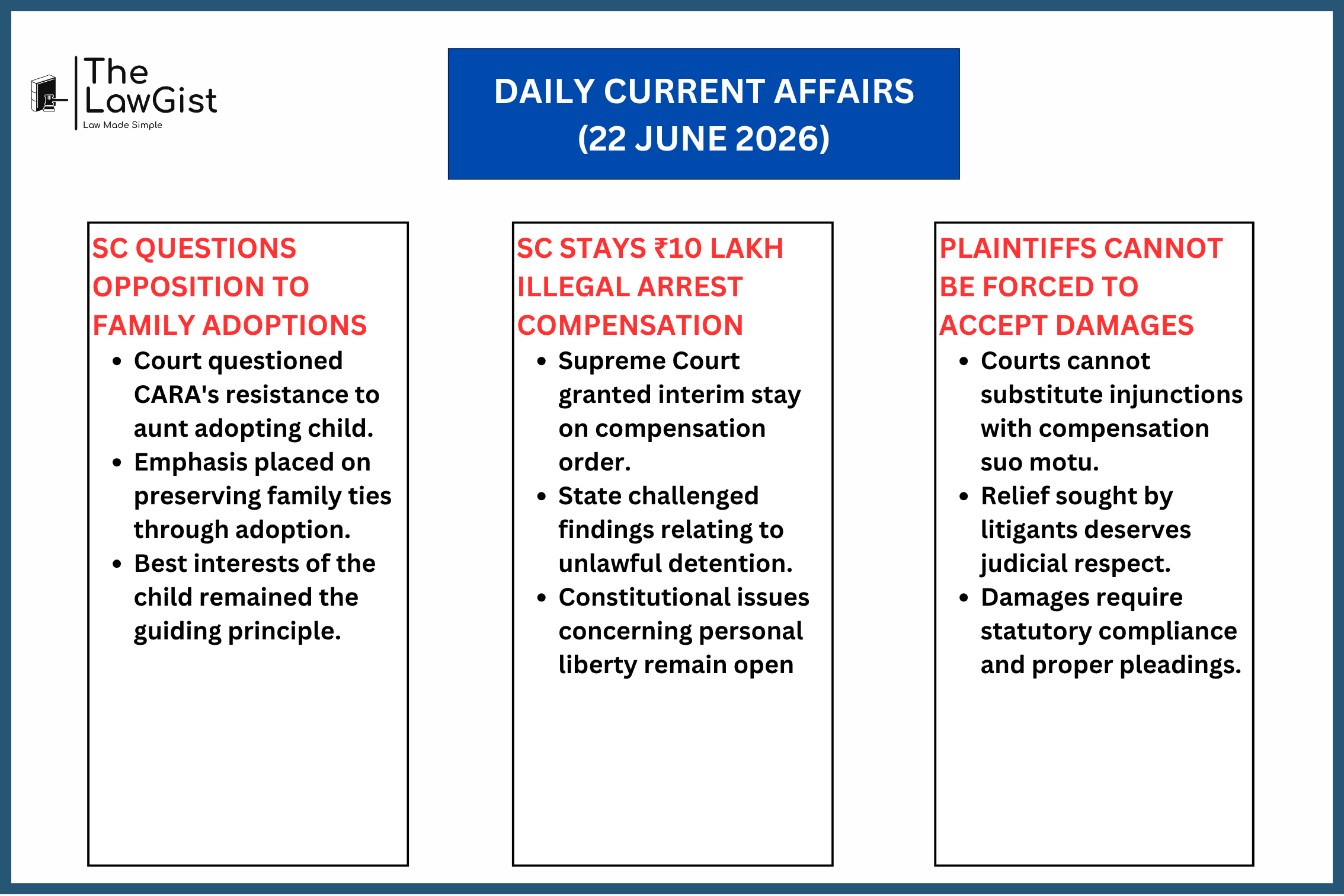 SC rulings on family adoption, illegal arrest compensation, and injunction remedies.